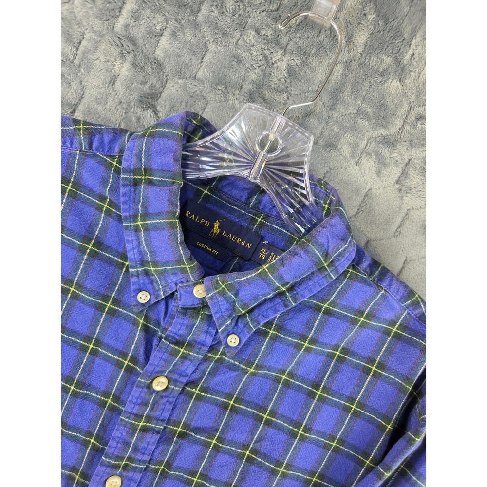 Ralph Lauren Mens XL Custom Fit Plaid Flannel Button Down Shirt Blue Green